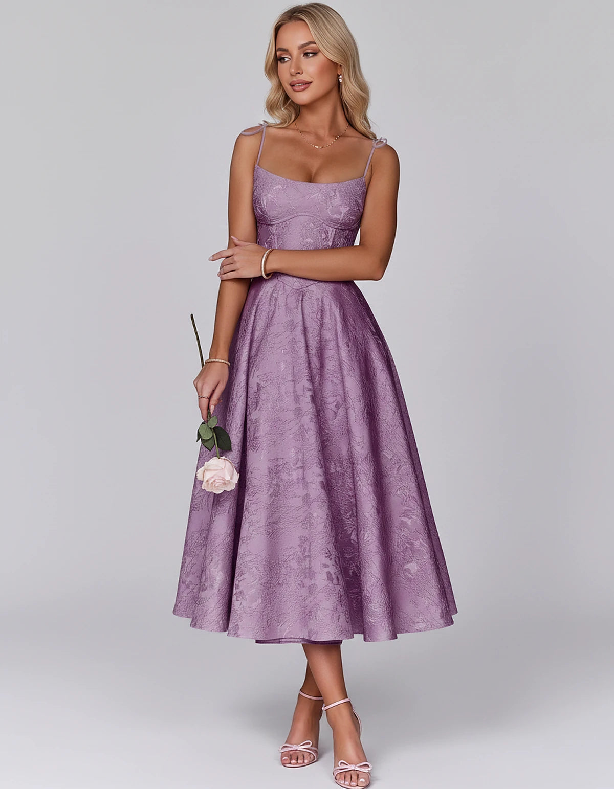 Floral Jacquard Satin Sleeveless Square Neck A-Line Midi Dress for Party, Cocktail, Evening, Wedding Guest, Prom & Summer Eve