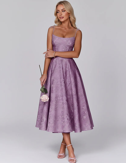 Floral Jacquard Satin Sleeveless Square Neck A-Line Midi Dress for Party, Cocktail, Evening, Wedding Guest, Prom & Summer Eve