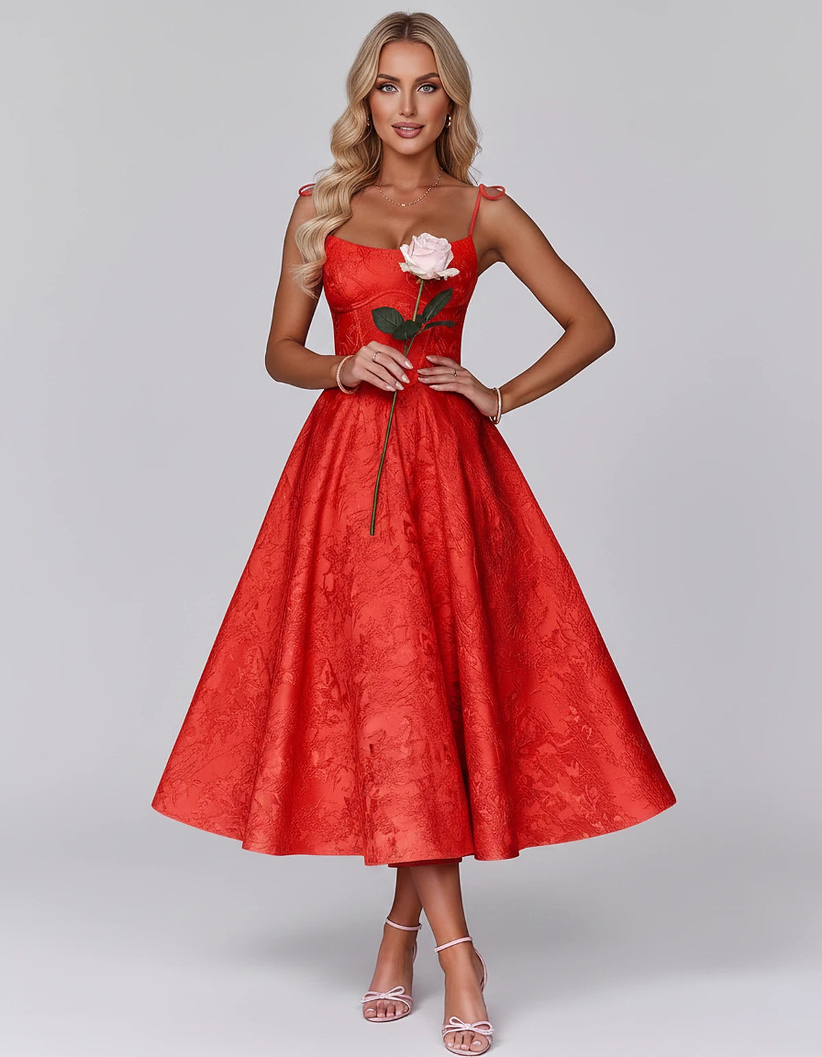 Floral Jacquard Satin Sleeveless Square Neck A-Line Midi Dress for Party, Cocktail, Evening, Wedding Guest, Prom & Summer Eve