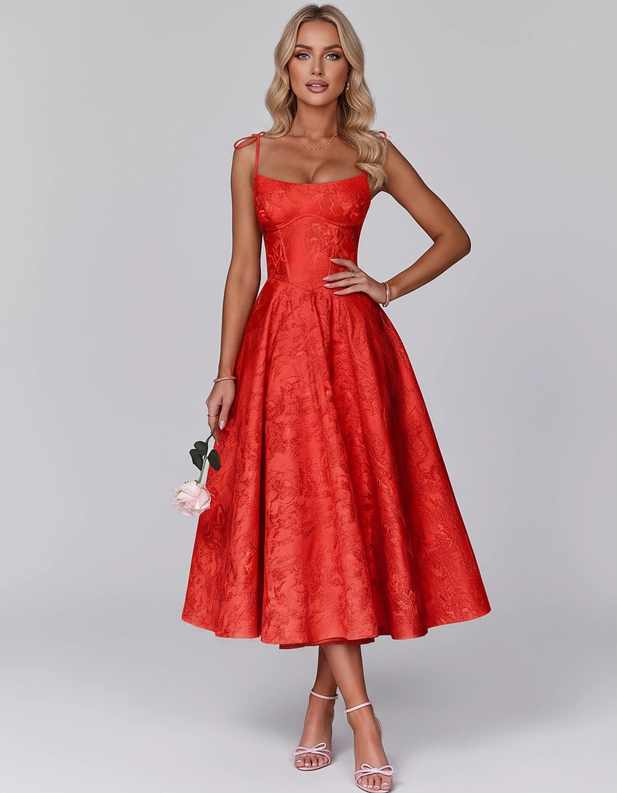 Floral Jacquard Satin Sleeveless Square Neck A-Line Midi Dress for Party, Cocktail, Evening, Wedding Guest, Prom & Summer Eve