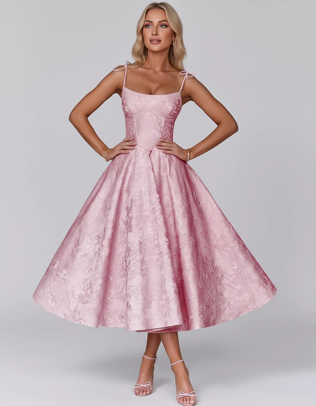Floral Jacquard Satin Sleeveless Square Neck A-Line Midi Dress for Party, Cocktail, Evening, Wedding Guest, Prom & Summer Eve