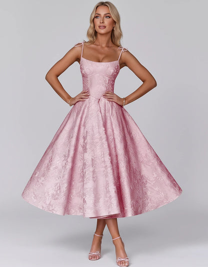 Floral Jacquard Satin Sleeveless Square Neck A-Line Midi Dress for Party, Cocktail, Evening, Wedding Guest, Prom & Summer Eve