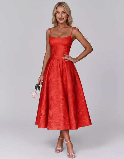 Floral Jacquard Satin Sleeveless Square Neck A-Line Midi Dress for Party, Cocktail, Evening, Wedding Guest, Prom & Summer Eve