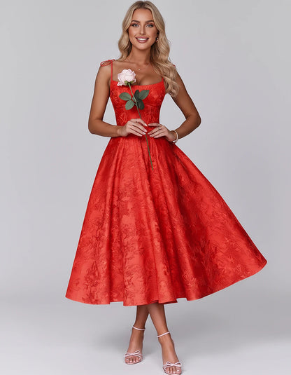 Floral Jacquard Satin Sleeveless Square Neck A-Line Midi Dress for Party, Cocktail, Evening, Wedding Guest, Prom & Summer Eve