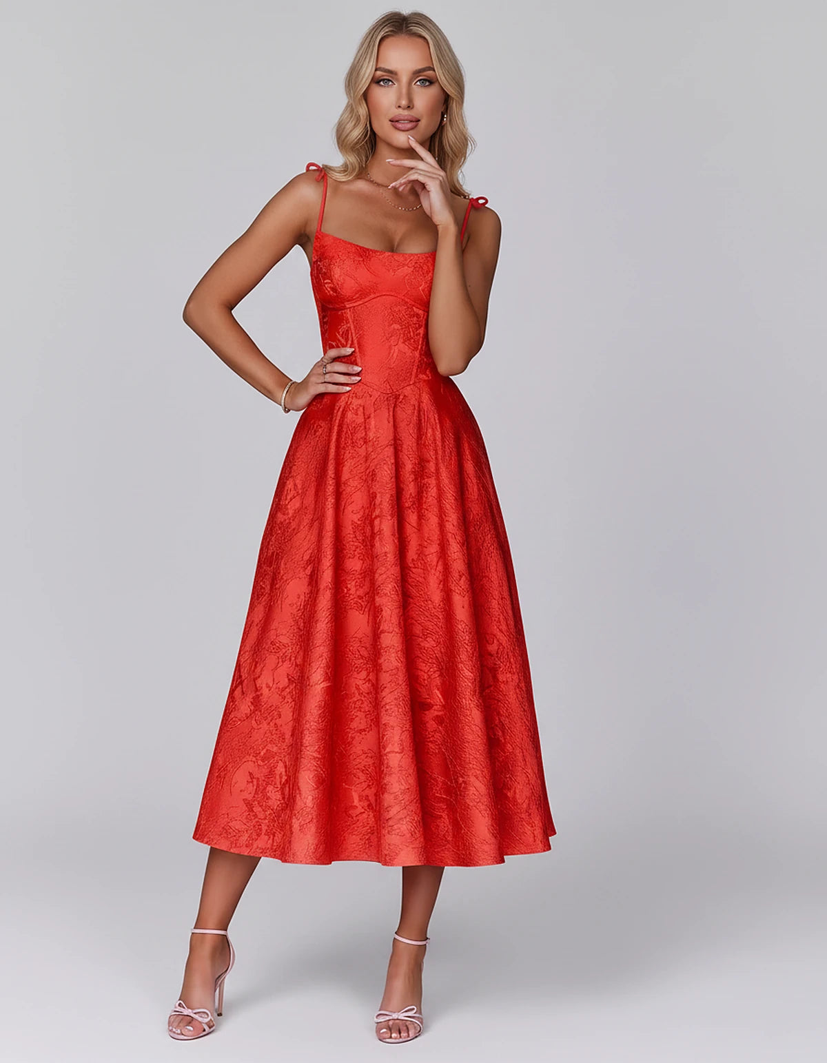 Floral Jacquard Satin Sleeveless Square Neck A-Line Midi Dress for Party, Cocktail, Evening, Wedding Guest, Prom & Summer Eve