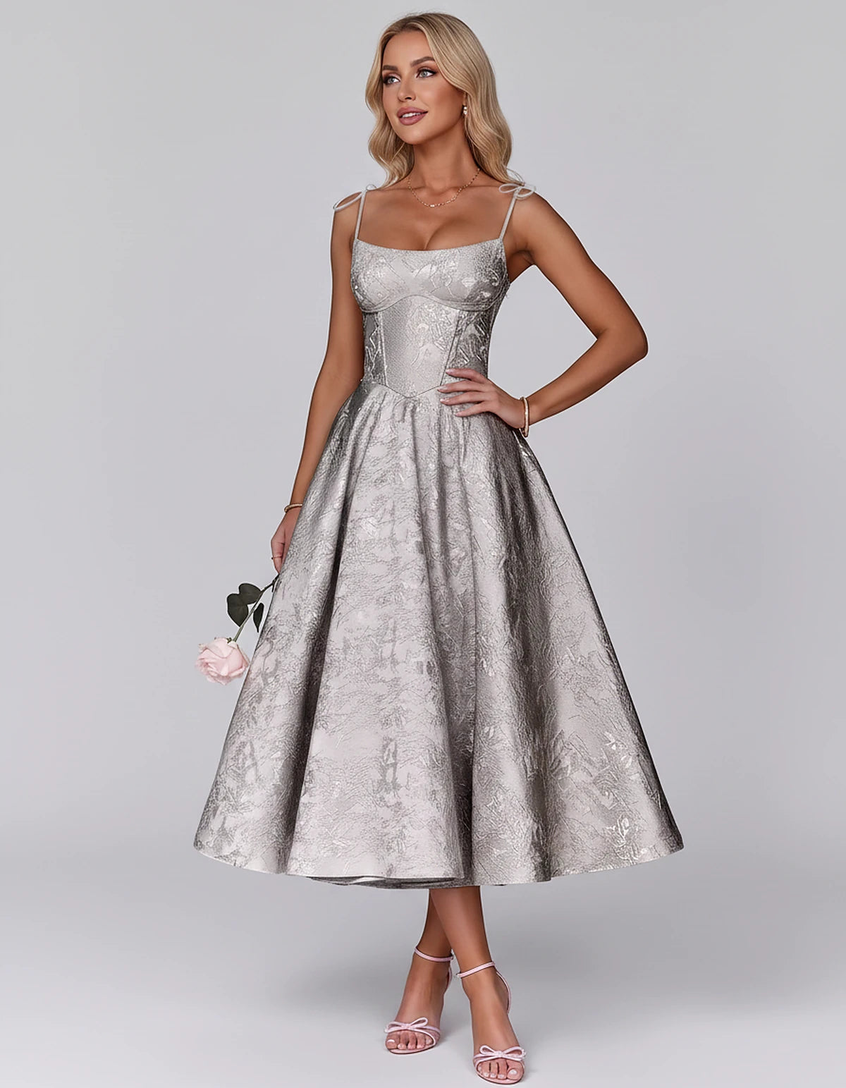 Floral Jacquard Satin Sleeveless Square Neck A-Line Midi Dress for Party, Cocktail, Evening, Wedding Guest, Prom & Summer Eve