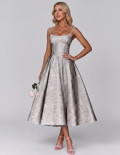 Floral Jacquard Satin Sleeveless Square Neck A-Line Midi Dress for Party, Cocktail, Evening, Wedding Guest, Prom & Summer Eve