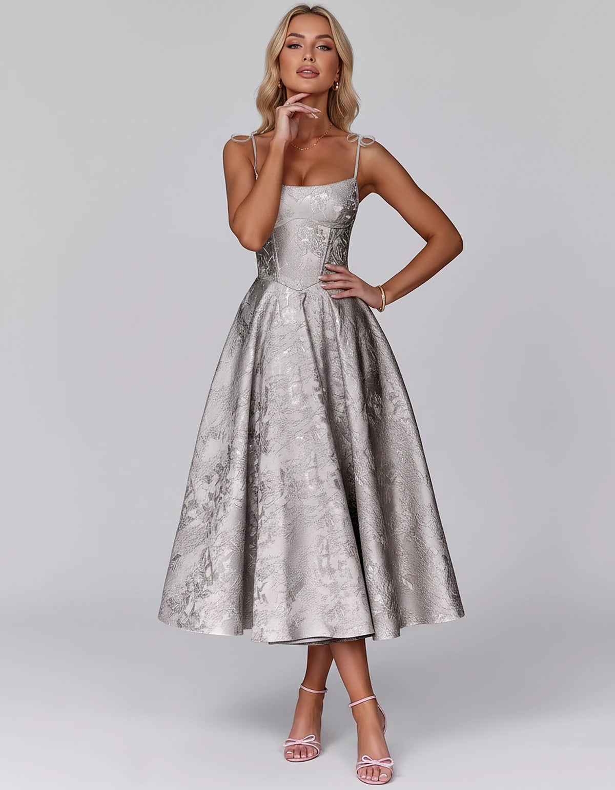 Floral Jacquard Satin Sleeveless Square Neck A-Line Midi Dress for Party, Cocktail, Evening, Wedding Guest, Prom & Summer Eve