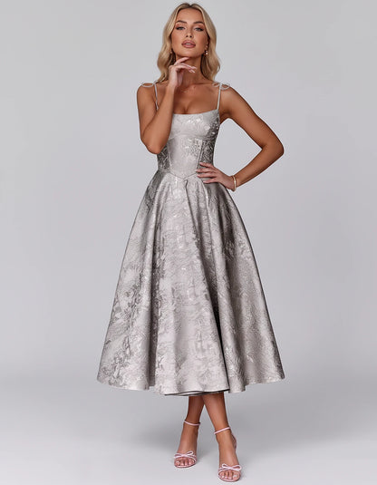 Floral Jacquard Satin Sleeveless Square Neck A-Line Midi Dress for Party, Cocktail, Evening, Wedding Guest, Prom & Summer Eve