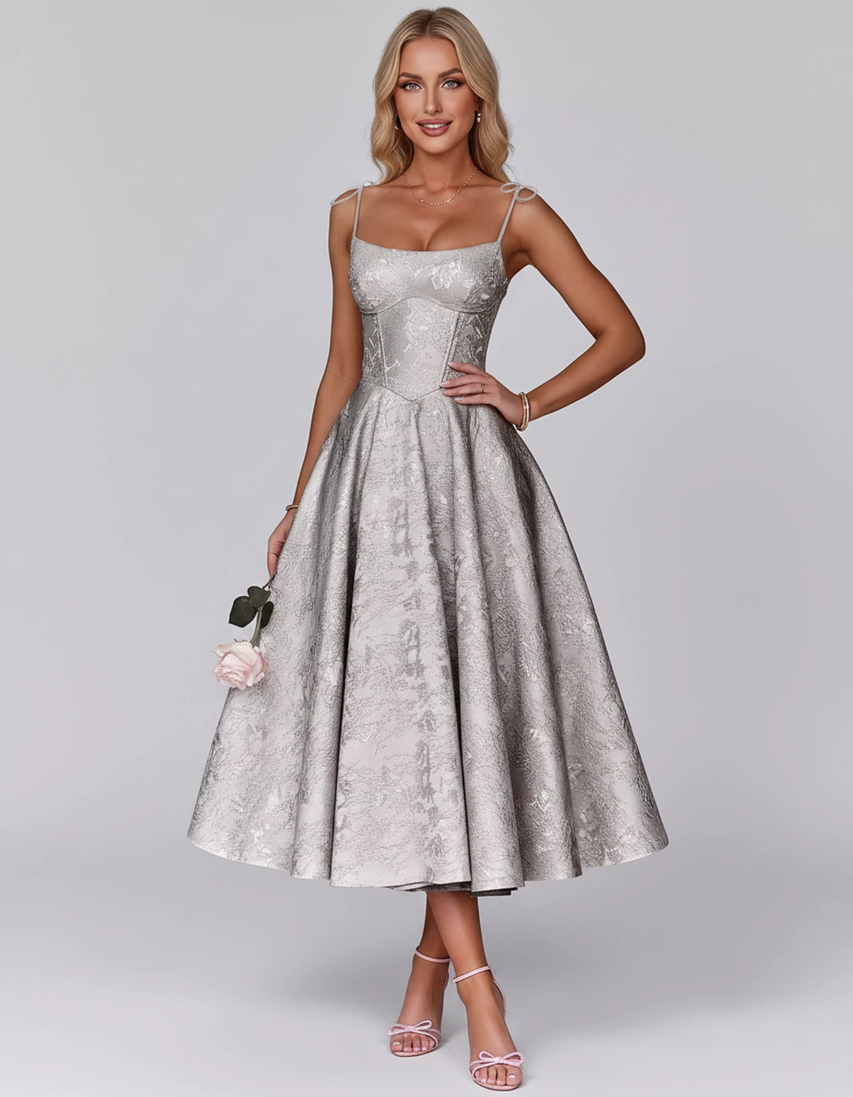 Floral Jacquard Satin Sleeveless Square Neck A-Line Midi Dress for Party, Cocktail, Evening, Wedding Guest, Prom & Summer Eve