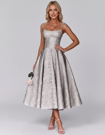 Floral Jacquard Satin Sleeveless Square Neck A-Line Midi Dress for Party, Cocktail, Evening, Wedding Guest, Prom & Summer Eve