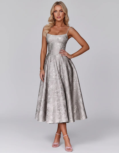 Floral Jacquard Satin Sleeveless Square Neck A-Line Midi Dress for Party, Cocktail, Evening, Wedding Guest, Prom & Summer Eve