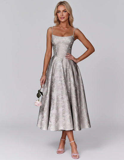 Floral Jacquard Satin Sleeveless Square Neck A-Line Midi Dress for Party, Cocktail, Evening, Wedding Guest, Prom & Summer Eve