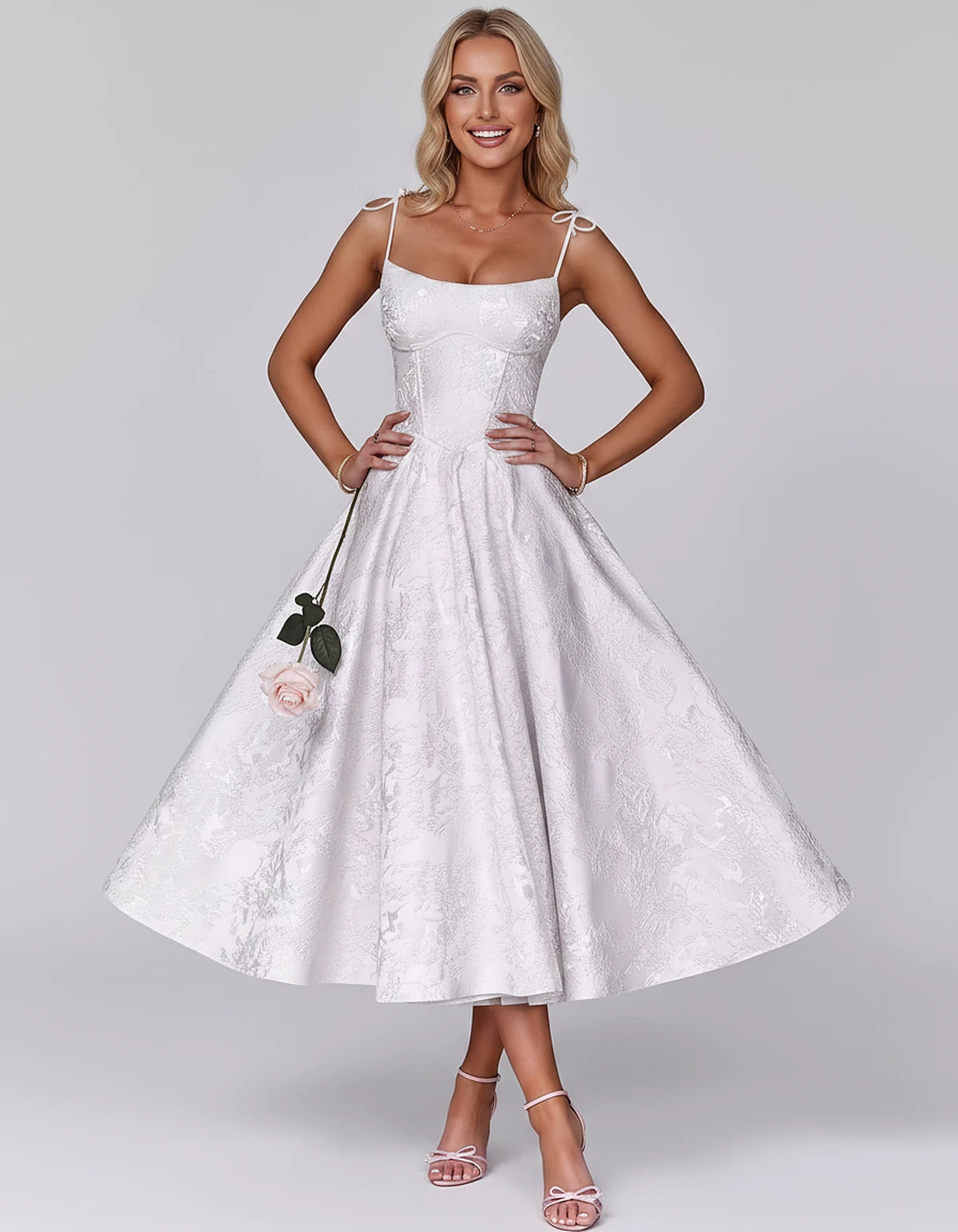 Floral Jacquard Satin Sleeveless Square Neck A-Line Midi Dress for Party, Cocktail, Evening, Wedding Guest, Prom & Summer Eve