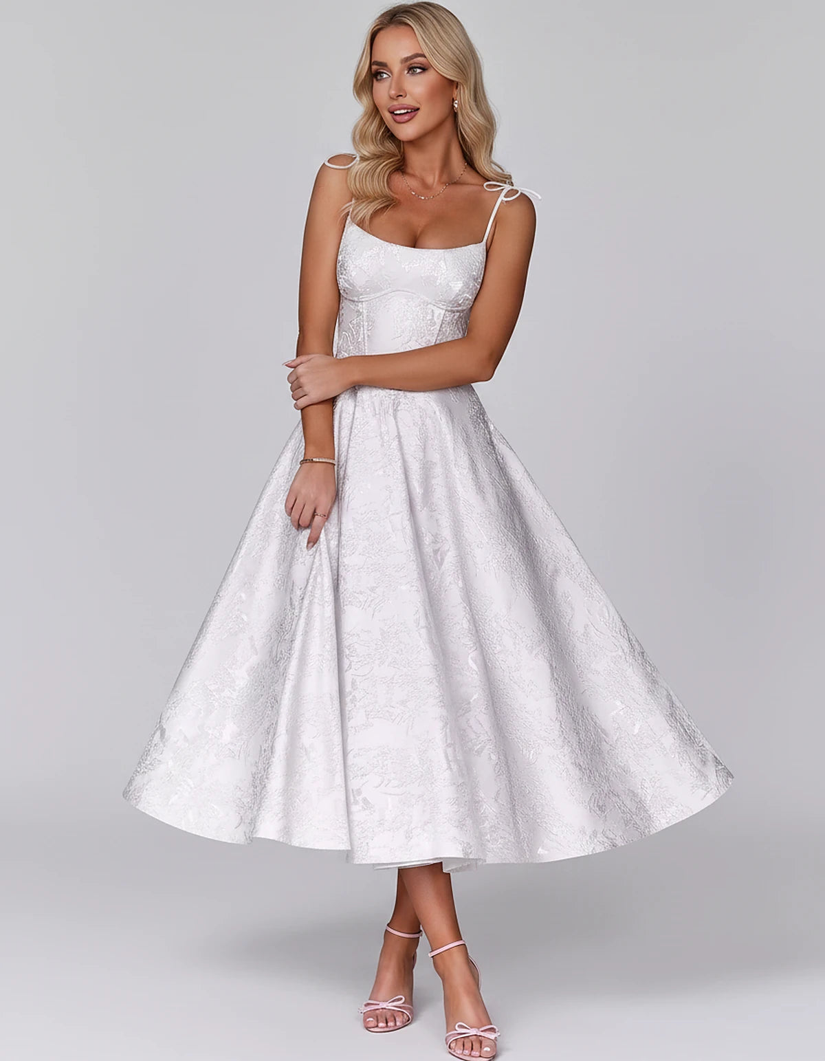 Floral Jacquard Satin Sleeveless Square Neck A-Line Midi Dress for Party, Cocktail, Evening, Wedding Guest, Prom & Summer Eve