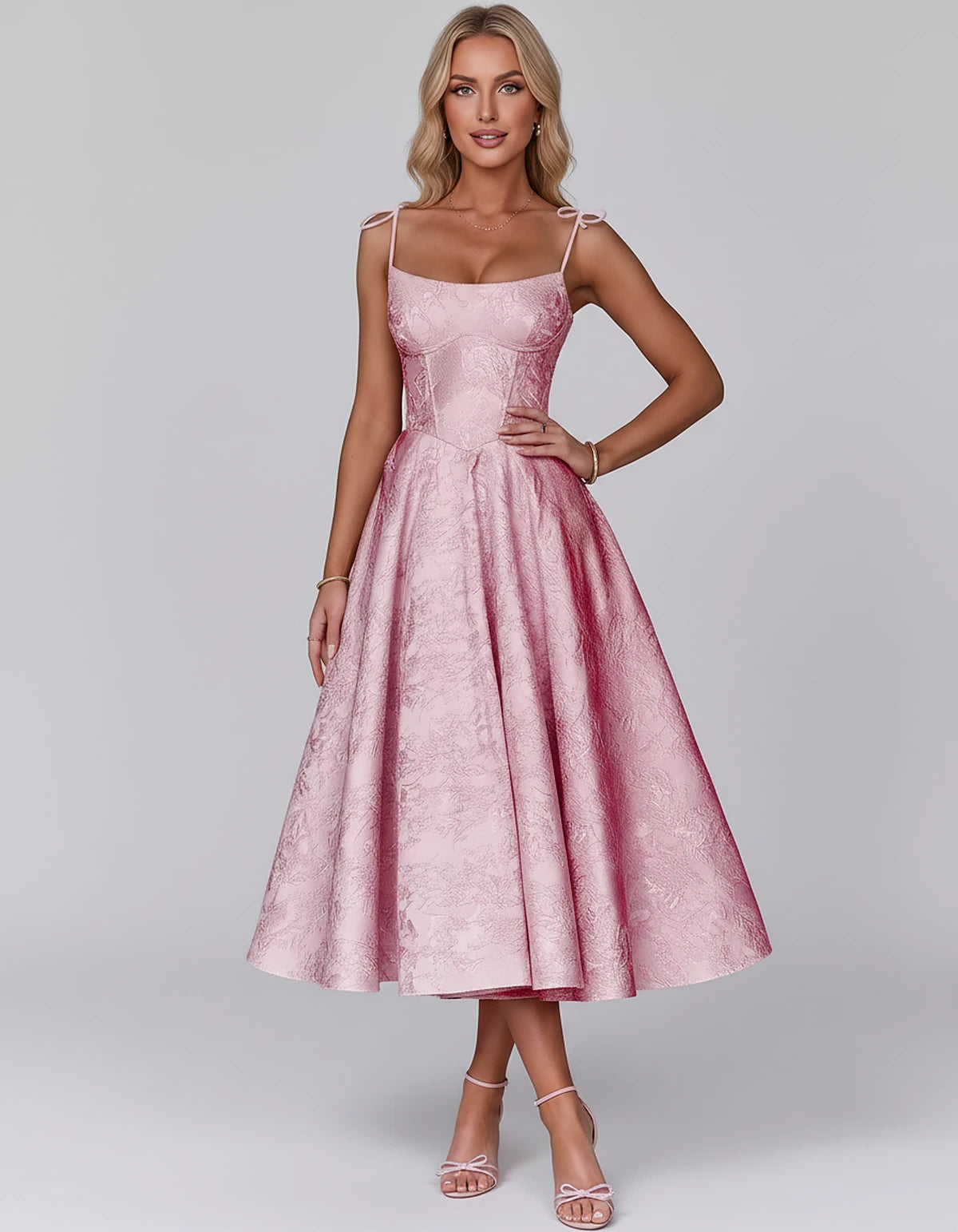 Floral Jacquard Satin Sleeveless Square Neck A-Line Midi Dress for Party, Cocktail, Evening, Wedding Guest, Prom & Summer Eve