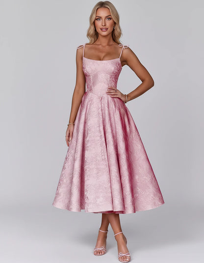 Floral Jacquard Satin Sleeveless Square Neck A-Line Midi Dress for Party, Cocktail, Evening, Wedding Guest, Prom & Summer Eve