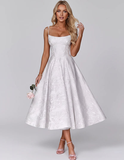 Floral Jacquard Satin Sleeveless Square Neck A-Line Midi Dress for Party, Cocktail, Evening, Wedding Guest, Prom & Summer Eve