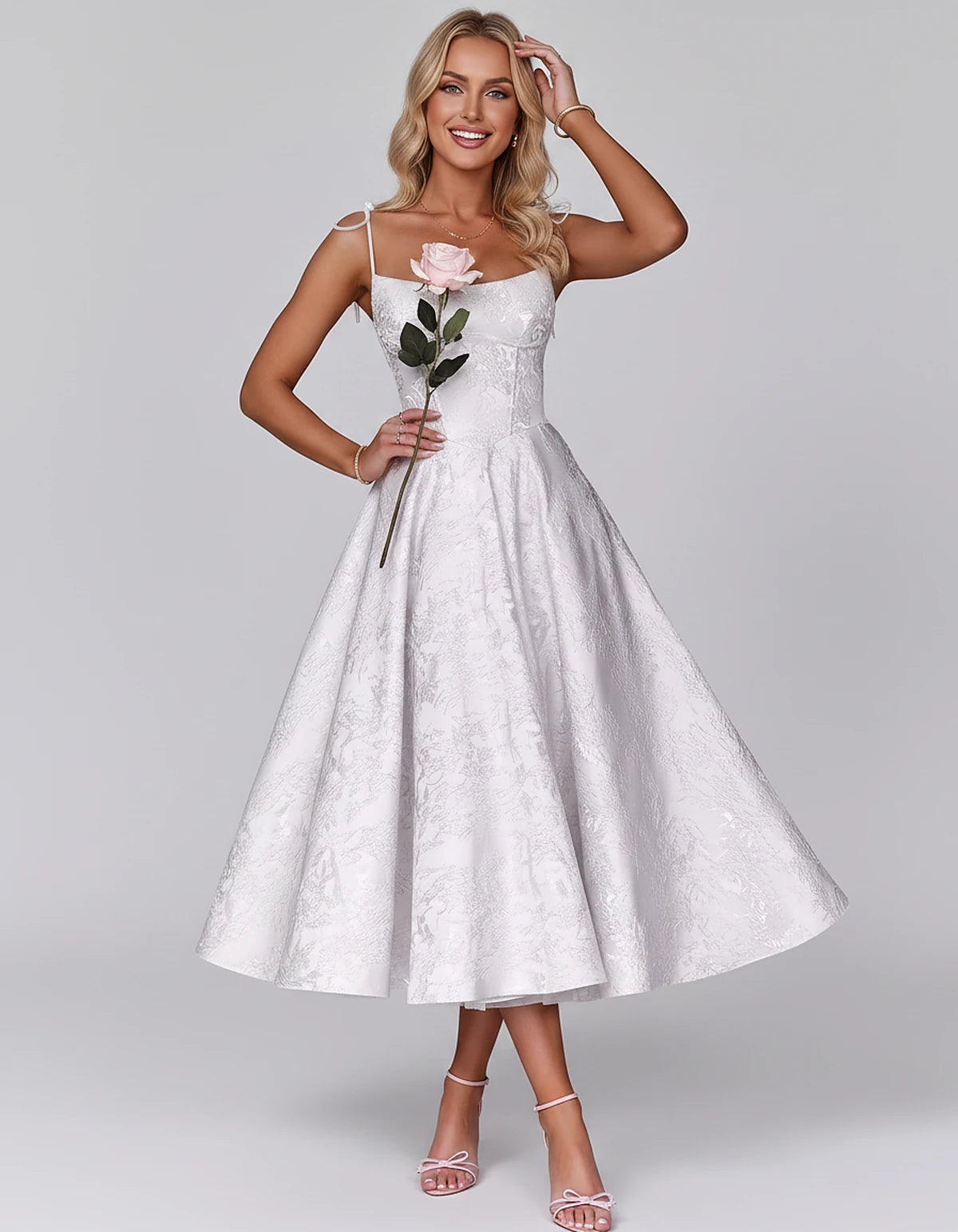 Floral Jacquard Satin Sleeveless Square Neck A-Line Midi Dress for Party, Cocktail, Evening, Wedding Guest, Prom & Summer Eve