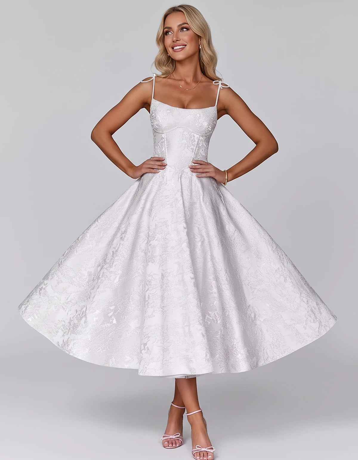 Floral Jacquard Satin Sleeveless Square Neck A-Line Midi Dress for Party, Cocktail, Evening, Wedding Guest, Prom & Summer Eve