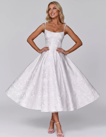 Floral Jacquard Satin Sleeveless Square Neck A-Line Midi Dress for Party, Cocktail, Evening, Wedding Guest, Prom & Summer Eve