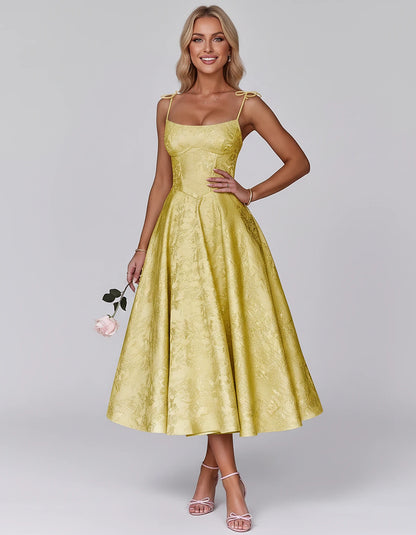 Floral Jacquard Satin Sleeveless Square Neck A-Line Midi Dress for Party, Cocktail, Evening, Wedding Guest, Prom & Summer Eve