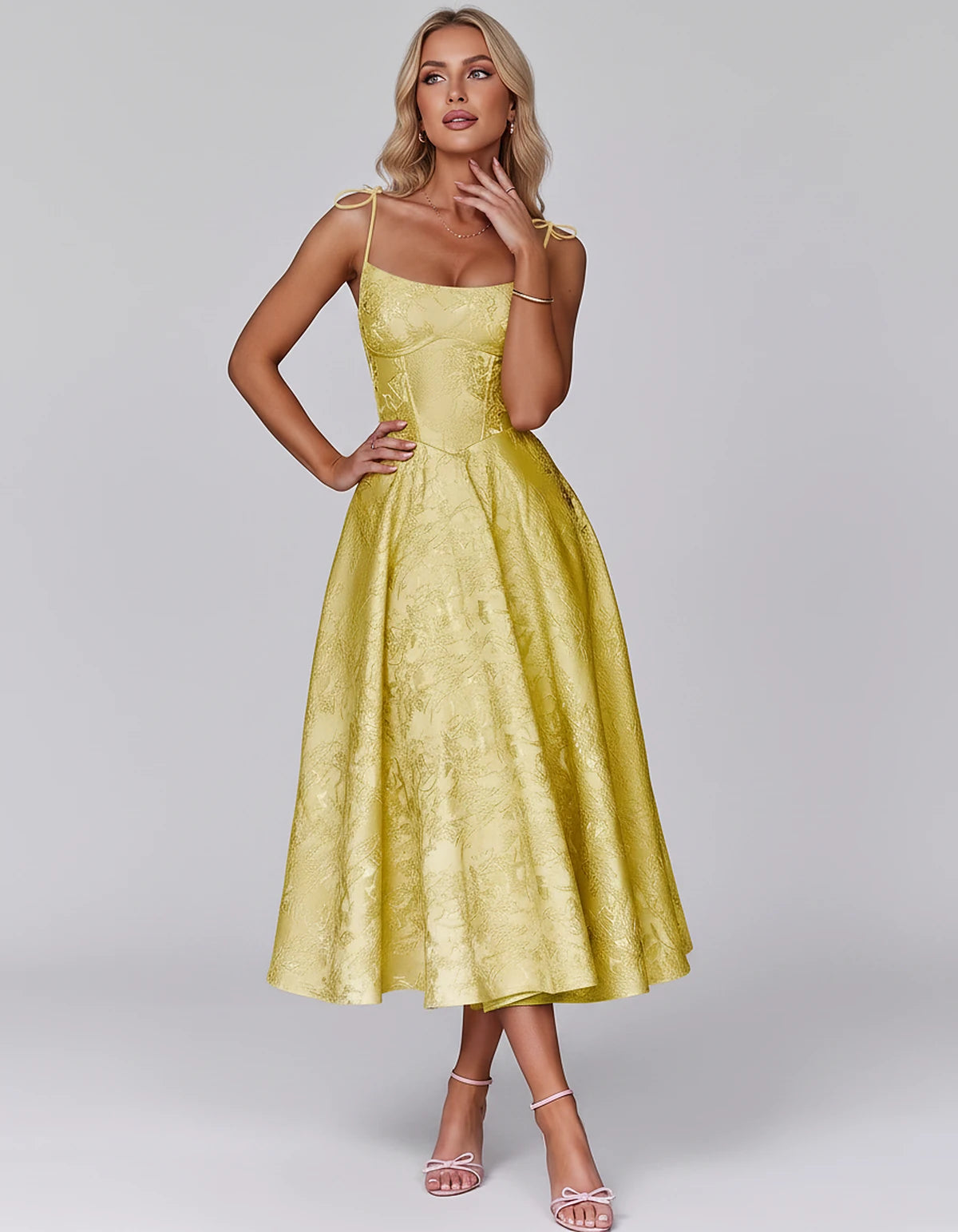 Floral Jacquard Satin Sleeveless Square Neck A-Line Midi Dress for Party, Cocktail, Evening, Wedding Guest, Prom & Summer Eve