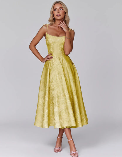 Floral Jacquard Satin Sleeveless Square Neck A-Line Midi Dress for Party, Cocktail, Evening, Wedding Guest, Prom & Summer Eve