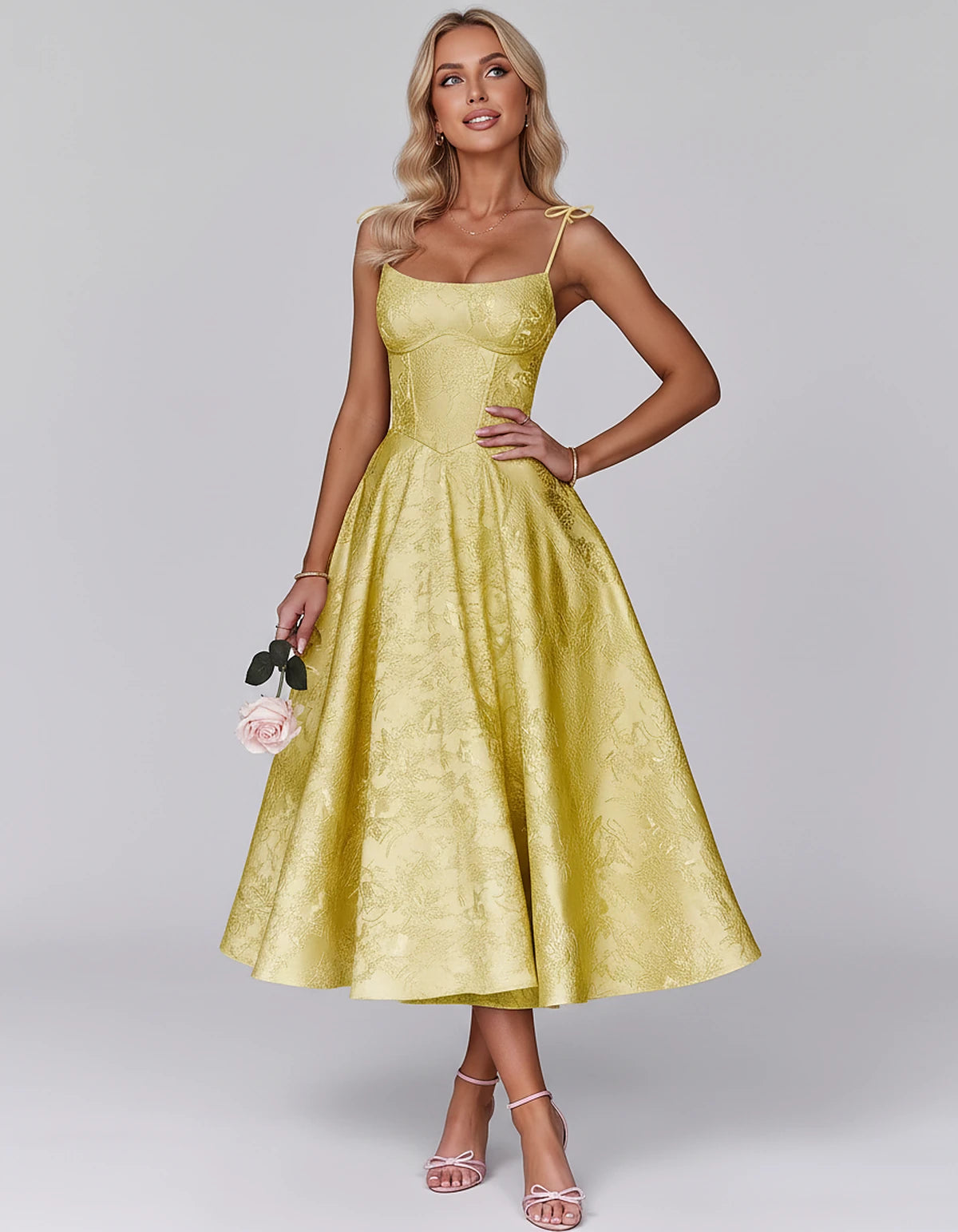 Floral Jacquard Satin Sleeveless Square Neck A-Line Midi Dress for Party, Cocktail, Evening, Wedding Guest, Prom & Summer Eve