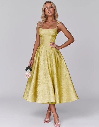 Floral Jacquard Satin Sleeveless Square Neck A-Line Midi Dress for Party, Cocktail, Evening, Wedding Guest, Prom & Summer Eve