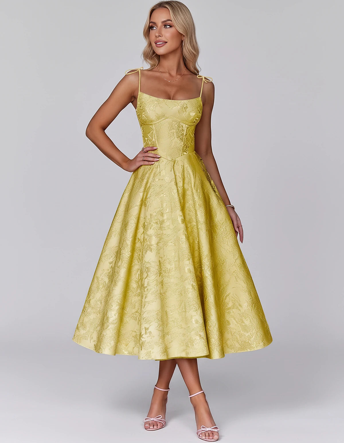 Floral Jacquard Satin Sleeveless Square Neck A-Line Midi Dress for Party, Cocktail, Evening, Wedding Guest, Prom & Summer Eve