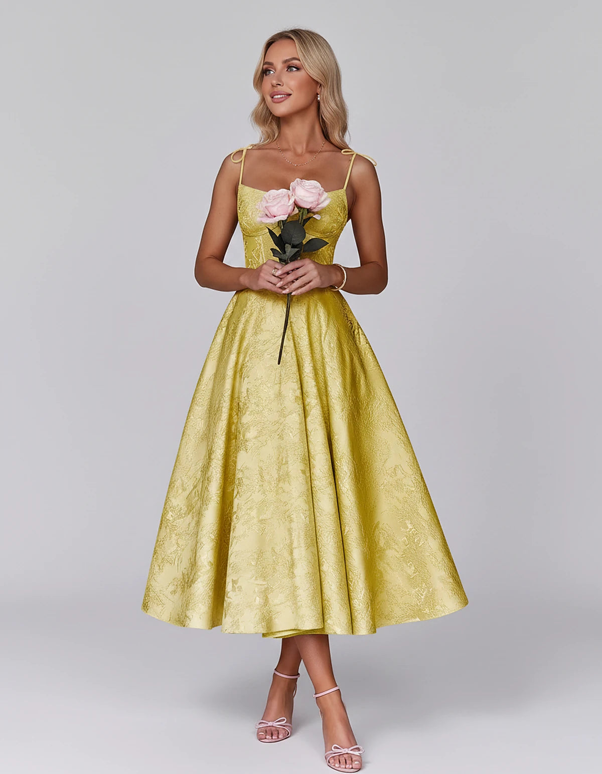 Floral Jacquard Satin Sleeveless Square Neck A-Line Midi Dress for Party, Cocktail, Evening, Wedding Guest, Prom & Summer Eve