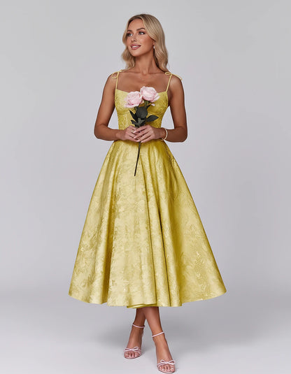 Floral Jacquard Satin Sleeveless Square Neck A-Line Midi Dress for Party, Cocktail, Evening, Wedding Guest, Prom & Summer Eve