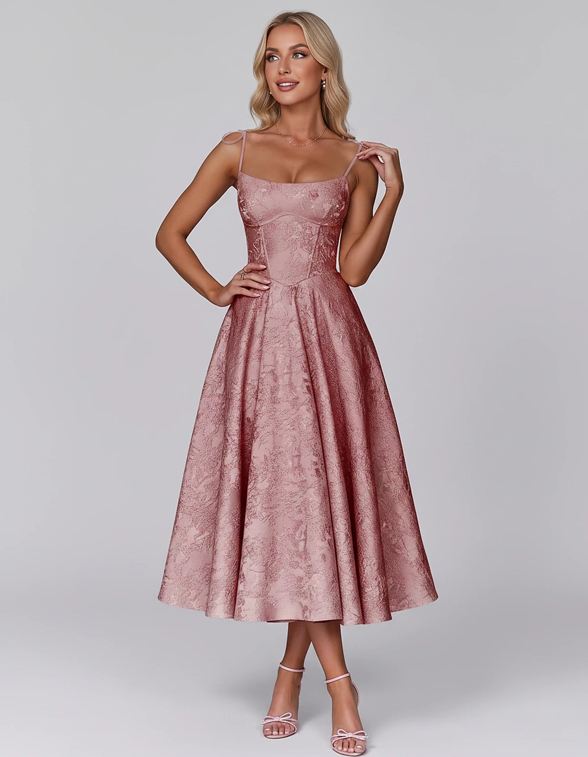 Floral Jacquard Satin Sleeveless Square Neck A-Line Midi Dress for Party, Cocktail, Evening, Wedding Guest, Prom & Summer Eve
