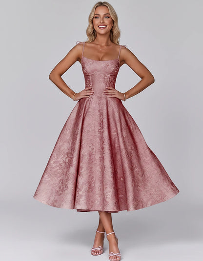 Floral Jacquard Satin Sleeveless Square Neck A-Line Midi Dress for Party, Cocktail, Evening, Wedding Guest, Prom & Summer Eve