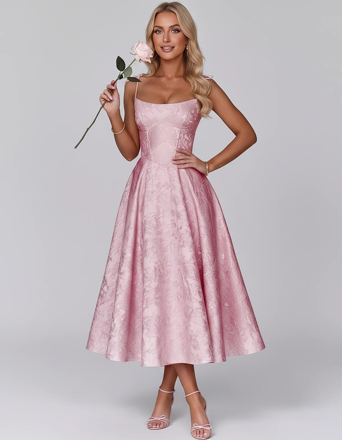 Floral Jacquard Satin Sleeveless Square Neck A-Line Midi Dress for Party, Cocktail, Evening, Wedding Guest, Prom & Summer Eve