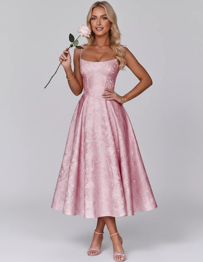Floral Jacquard Satin Sleeveless Square Neck A-Line Midi Dress for Party, Cocktail, Evening, Wedding Guest, Prom & Summer Eve