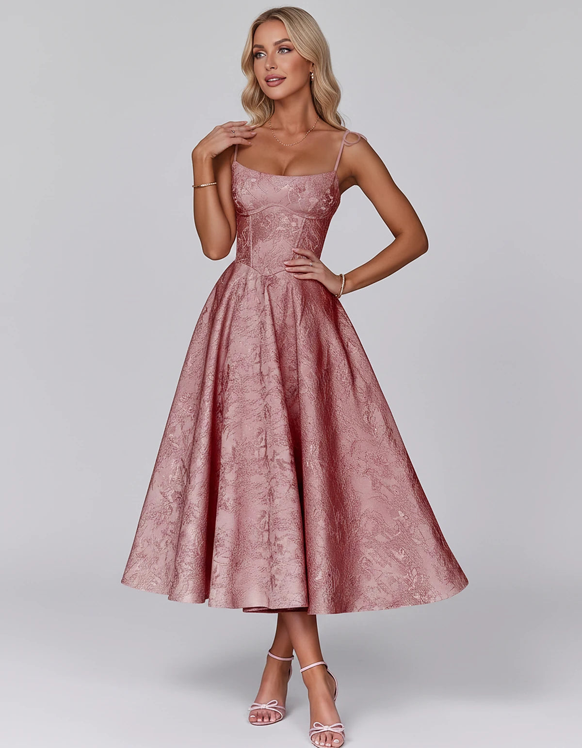 Floral Jacquard Satin Sleeveless Square Neck A-Line Midi Dress for Party, Cocktail, Evening, Wedding Guest, Prom & Summer Eve