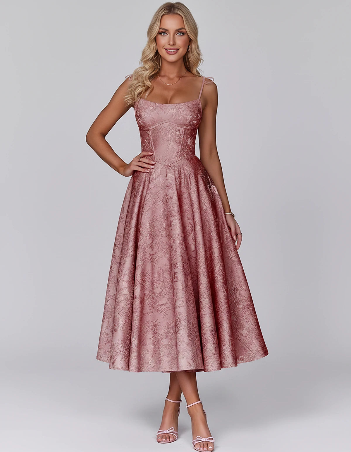 Floral Jacquard Satin Sleeveless Square Neck A-Line Midi Dress for Party, Cocktail, Evening, Wedding Guest, Prom & Summer Eve