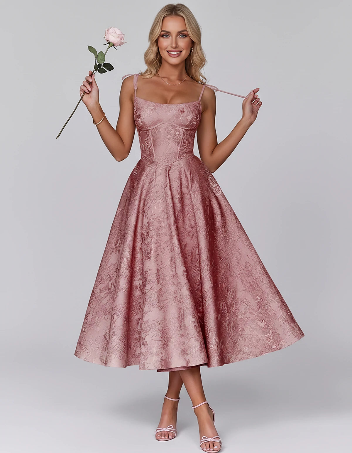 Floral Jacquard Satin Sleeveless Square Neck A-Line Midi Dress for Party, Cocktail, Evening, Wedding Guest, Prom & Summer Eve