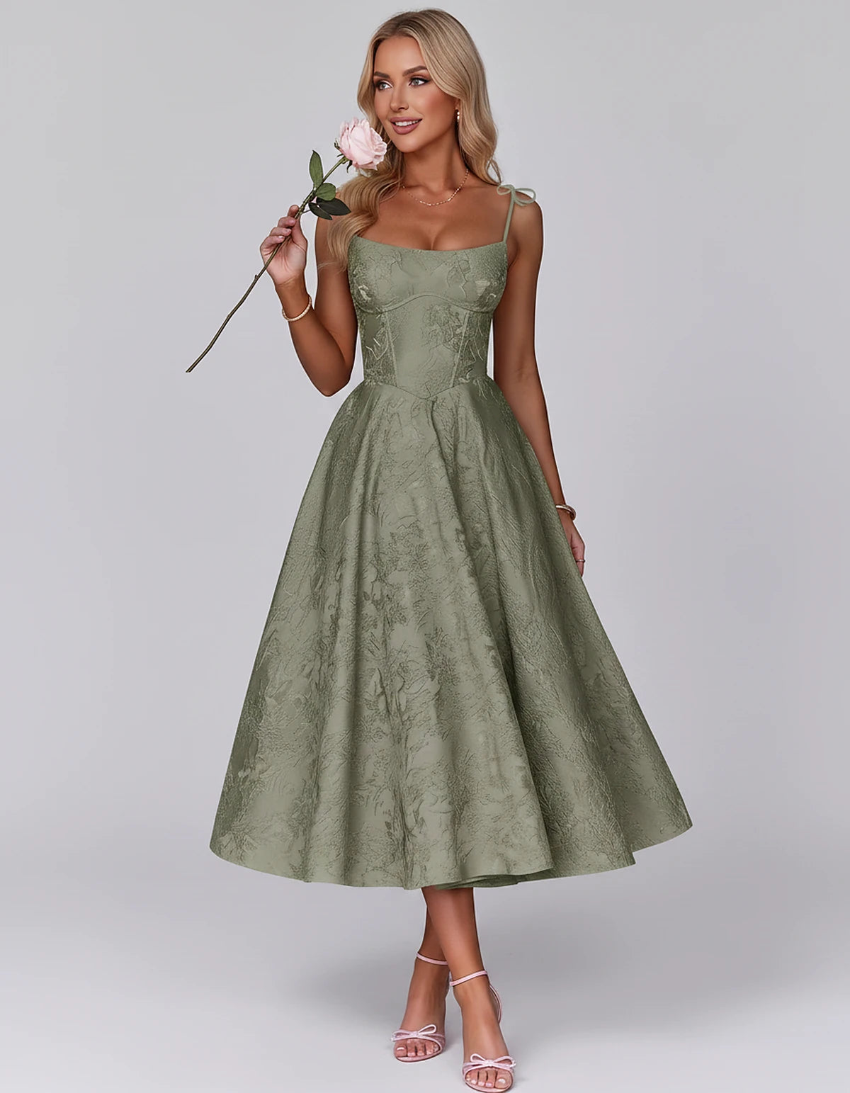 Floral Jacquard Satin Sleeveless Square Neck A-Line Midi Dress for Party, Cocktail, Evening, Wedding Guest, Prom & Summer Eve