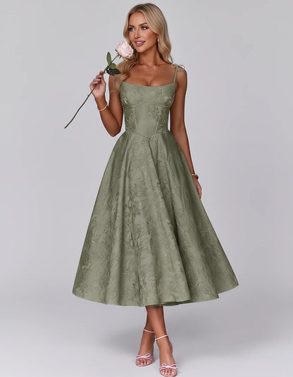 Floral Jacquard Satin Sleeveless Square Neck A-Line Midi Dress for Party, Cocktail, Evening, Wedding Guest, Prom & Summer Eve