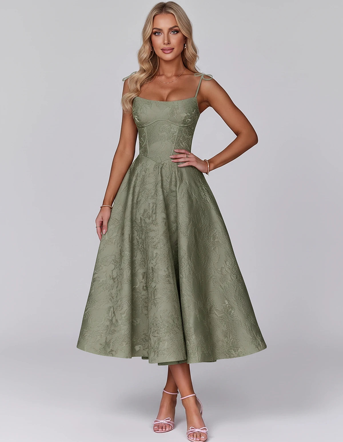 Floral Jacquard Satin Sleeveless Square Neck A-Line Midi Dress for Party, Cocktail, Evening, Wedding Guest, Prom & Summer Eve