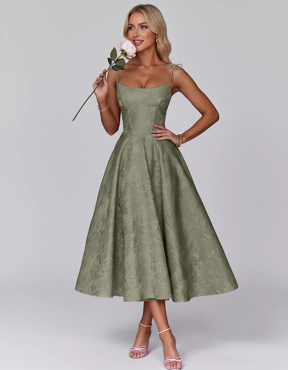 Floral Jacquard Satin Sleeveless Square Neck A-Line Midi Dress for Party, Cocktail, Evening, Wedding Guest, Prom & Summer Eve