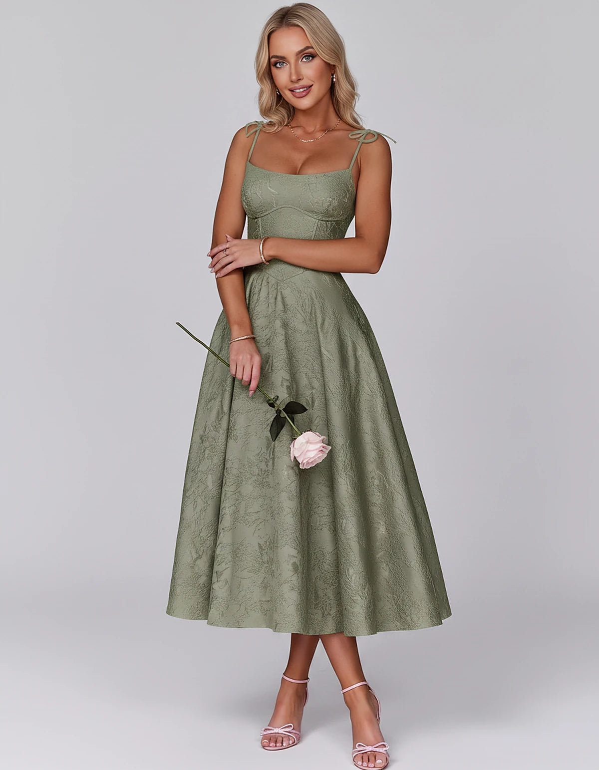 Floral Jacquard Satin Sleeveless Square Neck A-Line Midi Dress for Party, Cocktail, Evening, Wedding Guest, Prom & Summer Eve