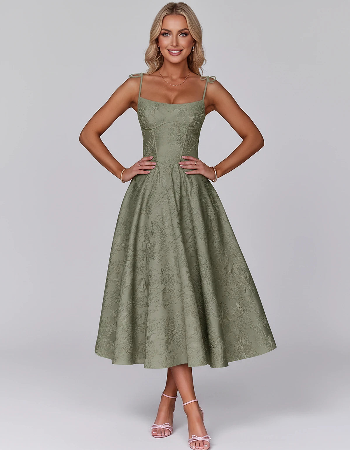 Floral Jacquard Satin Sleeveless Square Neck A-Line Midi Dress for Party, Cocktail, Evening, Wedding Guest, Prom & Summer Eve