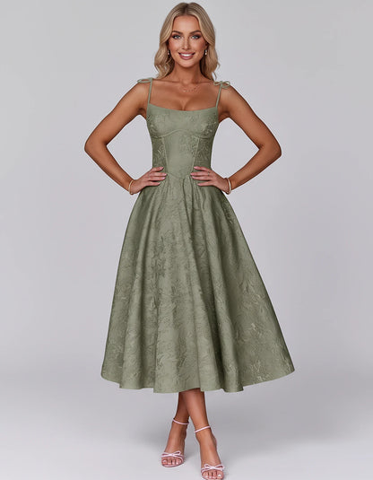 Floral Jacquard Satin Sleeveless Square Neck A-Line Midi Dress for Party, Cocktail, Evening, Wedding Guest, Prom & Summer Eve