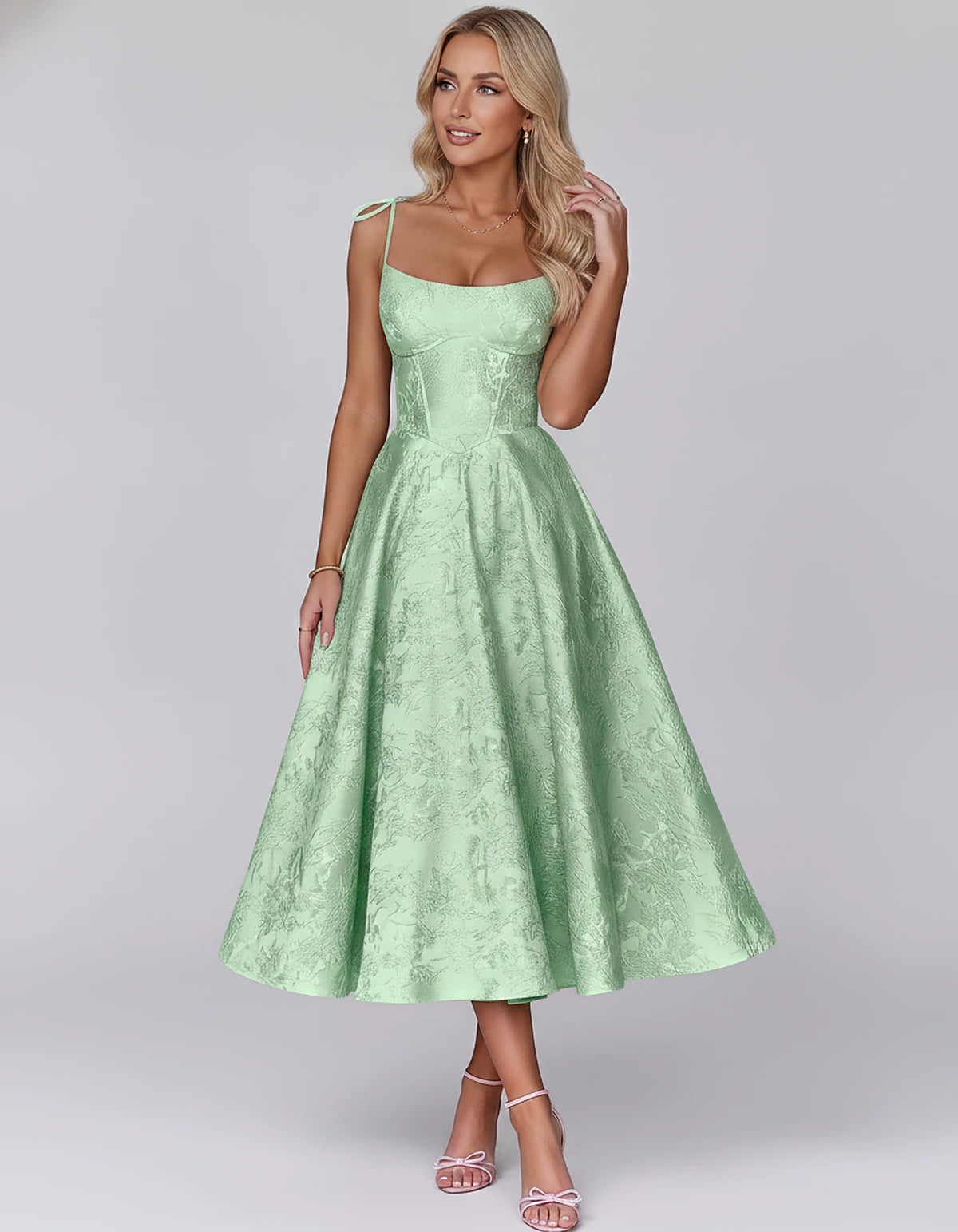 Floral Jacquard Satin Sleeveless Square Neck A-Line Midi Dress for Party, Cocktail, Evening, Wedding Guest, Prom & Summer Eve