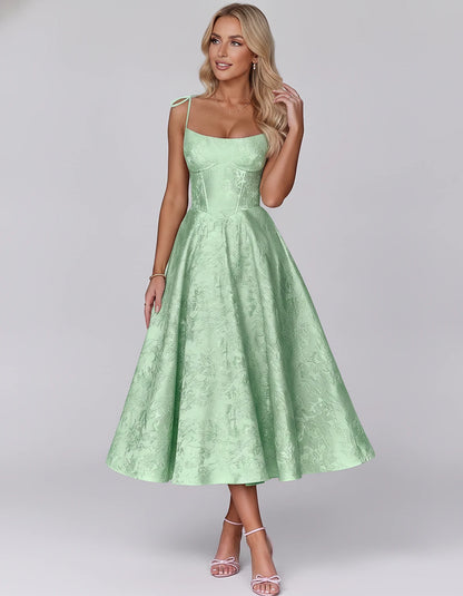 Floral Jacquard Satin Sleeveless Square Neck A-Line Midi Dress for Party, Cocktail, Evening, Wedding Guest, Prom & Summer Eve