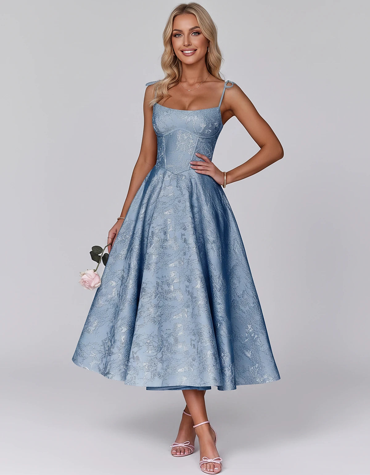 Floral Jacquard Satin Sleeveless Square Neck A-Line Midi Dress for Party, Cocktail, Evening, Wedding Guest, Prom & Summer Eve